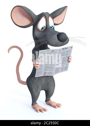 3D rendering of a cute smiling cartoon mouse standing and holding a newpaper in his hand while reading the news. White background. Stock Photo