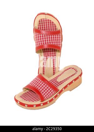 sandals checkered red and white with wooden sole isolated on white Stock Photo