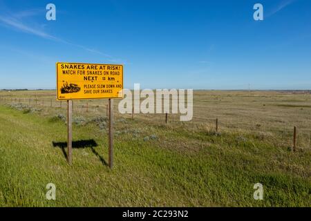 A Rattlesnake Warning Sign in the Prairie of Canada Stock Photo