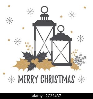 Christmas card with old lanterns and holly branch. Black and gold. Vector concept Stock Vector