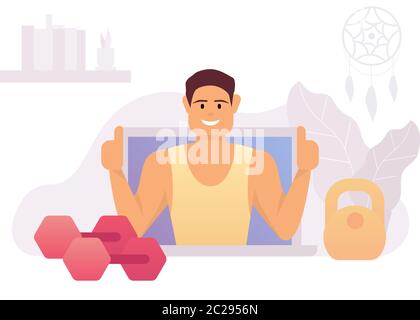 Fitness training online concept. Workout online. Cartoon cute coach. Home sports equipment. Online tutorials on laptop.  Stock Vector