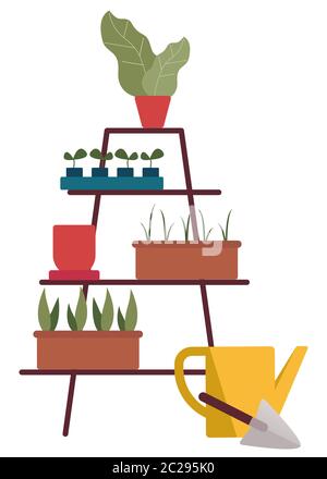 Plants on standing shelves. Seedling in pots. Urban gardening concept. Stock Vector
