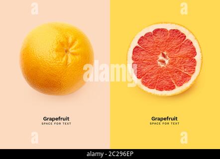 Creative flatlay with two fresh grapefruits isolated on colorful background. Top view with copy space. Fresh citrus fruit Stock Photo