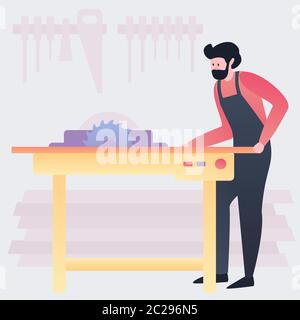 Carpenter with electric saw. Wood working concept. Stock Vector