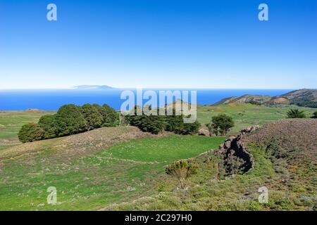 El Hierro - Landscape in the central highland Meseta de Nisdafe, at the horizon the island of La Palma Stock Photo