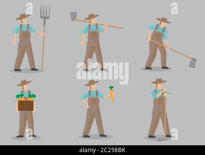 Set of six vector cartoon illustration of farmer wearing straw hat and overall using garden tools for various agriculture activities isolated on grey Stock Vector
