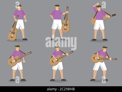 Set of six vector cartoon character of a guitarist playing music on acoustic guitar isolated on grey background. Stock Vector