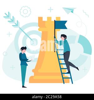 Business strategy concept. Chess rook, target icons set. Cartoon business men. Trendy flat illustration Stock Vector