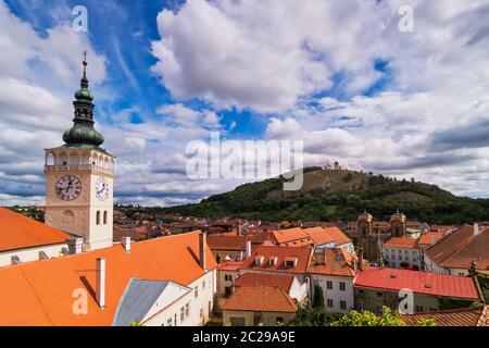 Aerial view of Mikulov in Czech Republic with old town and holy hill Stock Photo