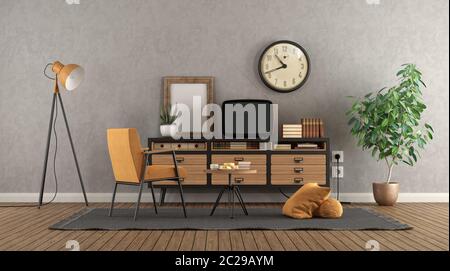 Retro living room with old tv on vintage sideboard and armchair - 3d rendering Stock Photo