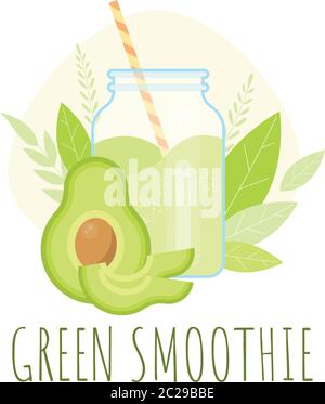 Avocado green smoothie in glass jar. Detox healthy diet food.  Stock Vector
