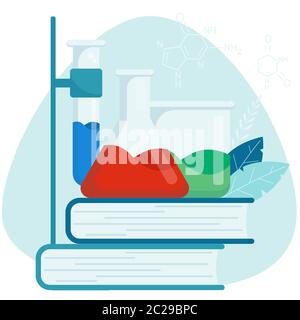 Chemistry education concept. Chemical equipment for experiments, labs. Glass flask with books. School laboratory Stock Vector