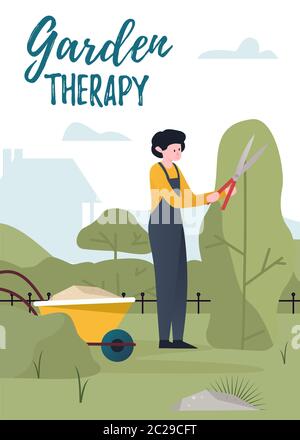 Man pruning and trimming trees and hedge. Gardener working in garden. Stock Vector