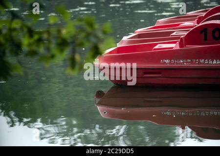 Cologne, Germany. 17th June, 2020. Pedal boats lie on a lake in Cologne Volksgarten and are reflected in the water. Credit: Federico Gambarini/dpa/Alamy Live News Stock Photo