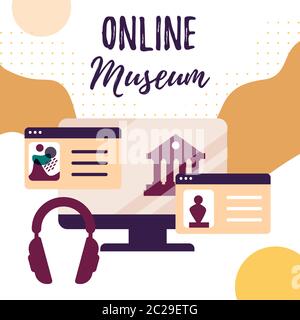 Interactive museum exhibition. Virtual Museum and art galleryTours. Online Tours. Exhibits Online. Stock Vector