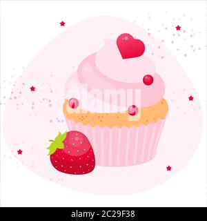 Cute valentines strawberry cupcake. Pink muffin concept. Stock Vector