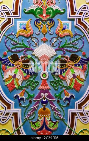 Texture of ceramic tiles in oriental East style. Turkish ceramic tiles lined on the wall. Old azulejo pattern floral ornament on Stock Photo