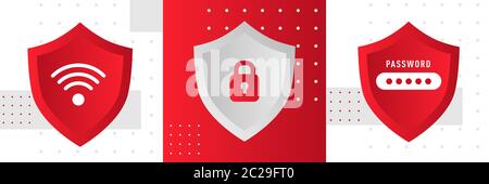 Abstract red security concept with shield. Cyber password security illustration. Stock Vector