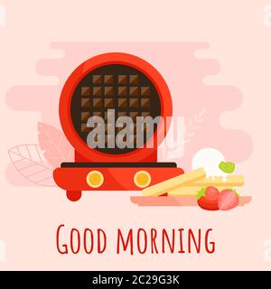 Flat Belgian waffle-iron concept. A round waffle maker illustration. Stock Vector