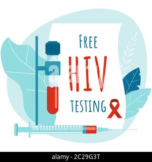 Free HIV testing. Aids poster design. HIV test tube and syringe. Stock Vector