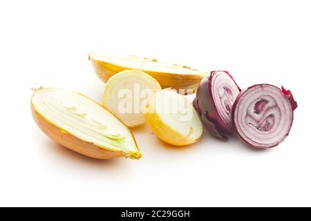 The golden shallot onion. Halved fresh bulbs isolated on white background. Stock Photo