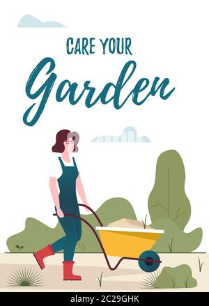 Woman gardening. Girl with a Wheelbarrow, garden cart. Stock Vector