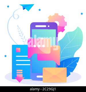 Email notification. Chat messages notification on smartphone vector flat illustration. Stock Vector