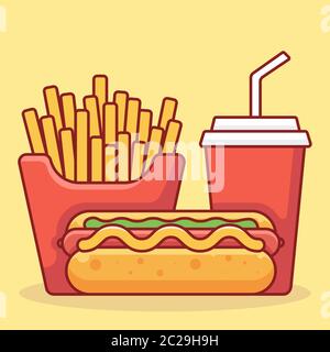 Fast food vector isolated on yellow background. Junk food illustration Stock Vector