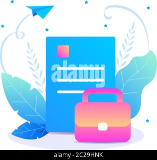 Business vector concept with sheet of paper. Blue blank with portfolio with leafs on background. Stock Vector