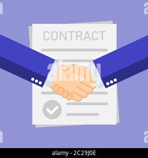 Businessman handshake on contract paper after agreement. Vector on isolated white background. Eps 10. Stock Vector