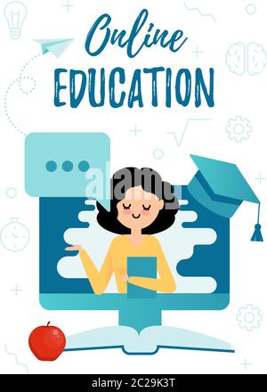 Online Education, Video course, tutorial. Vector flat concept with cute woman Stock Vector