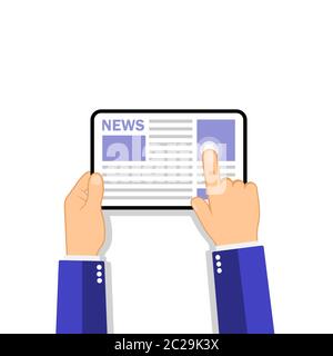 Hands holding tablet computer with news icon on the screen.. Flat design concept on isolated background. Eps 10 vector. Business concept Stock Vector