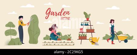 People gardening. Woman takes care of plants.. A man cuts a bush. Local organic production concept.  Stock Vector