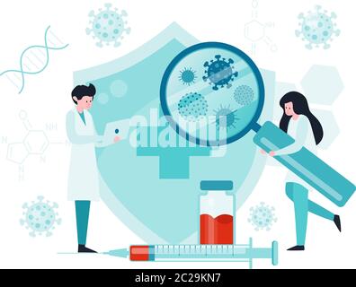 Vaccine development illustration. The concept of finding a vaccine. A protective vaccine discovery.  Stock Vector