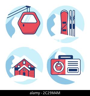 Ski resort icon set. Red cabin lift, Equipment rental, Hotel, mountain shelter, Ski pass. Stock Vector