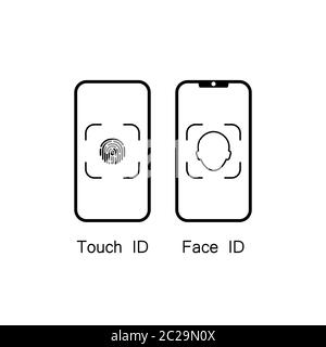 Touch id and face id on mobile device icon. Vector on isolated white background. Eps 10. Stock Vector