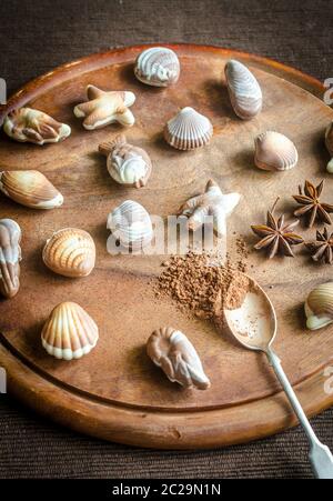 Luxury chocolate candies in the form of seafood Stock Photo