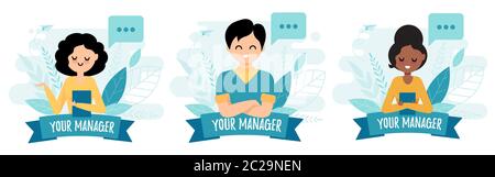 Your manager. Consultant avatar. Cute portrait with bubbles. Woman and man. Stock Vector