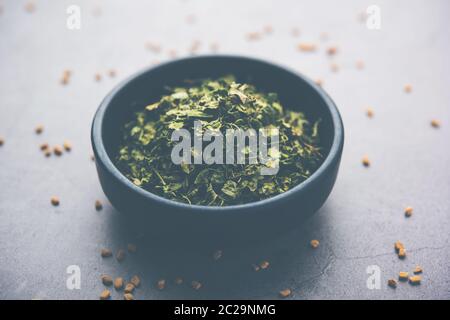 Kasuri Methi / Kasoori Methi or dried fenugreek leaves also known as Trigonella Foenum Graecum Stock Photo