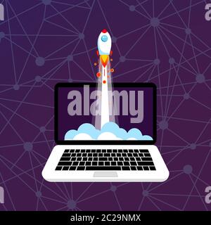 Laptop with rocket ship in a flat style. Start up concept. Development process. Innovation product, creative idea. Vector on isolated background. Eps Stock Vector