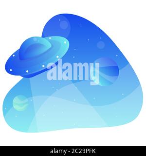 Ufo flying spaceship in space with the planets. Blue modern sky. Alien space ship. Stock Vector