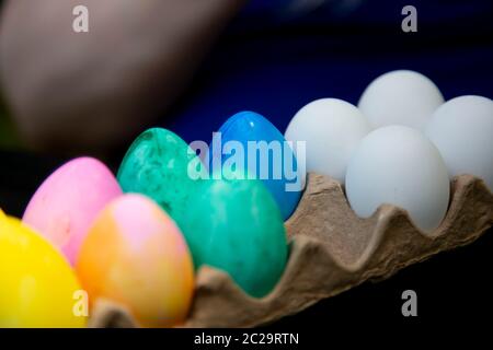 Carton of plastic Easter eggs with one egg missing, eggs dyed yellow, pink, orange, green, and blue as well as uncolored eggs Stock Photo