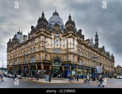 Leeds Kirkgate Market in Leeds, West Yorkshire, England located on Vicar Lane. It is the largest covered market in Europe Stock Photo