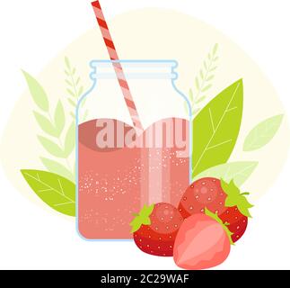 Strawberries smoothie in glass jar. Healthy diet food. Detox breakfast Stock Vector