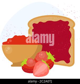 Fried bread, toast with strawberry jam for breakfast. Jelly paste. Stock Vector