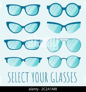 Glasses model icons. Sunglasses, eyeglasses. Vintage retro eyeglasses. Different shapes, frame, styles. Stock Vector