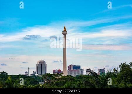 Jakarta, Indonesia - 19th February 2019: Frog eye view of Tugu Monas (Monumen Nasional) or National Monument in Jakarta, Indonesia. Stock Photo