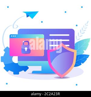 Internet security, data protection flat illustration concept. Computer with protection shield. Stock Vector