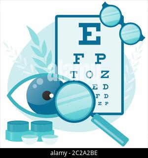 Ophthalmologist Test Myopia Eye. Eye and vision tests. Eyewear. Eyeglasses. Stock Vector