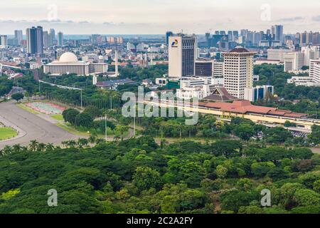 Jakarta, Indonesia - 19th Feb 2019: Jakarta aerial cityscape around Tugu Monas (National Monument). Gambir train station, Istiqlal Mosque, Jakarta Cat Stock Photo